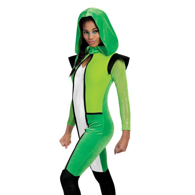 Custom long sleeve legging color guard unitard. Green unitard with black winged shoulders and black from the knee down. Two shades of green, keyhole cutout with white strip below down to pants separated from green with black stripes. Front view on model with green hood over head