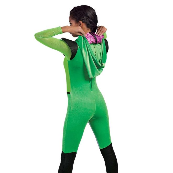 Custom long sleeve legging color guard unitard. Green unitard with black winged shoulders and black from the knee down. Black and pink cape in pattern of butterfly wing folded up with green hood underneath. Back view on model