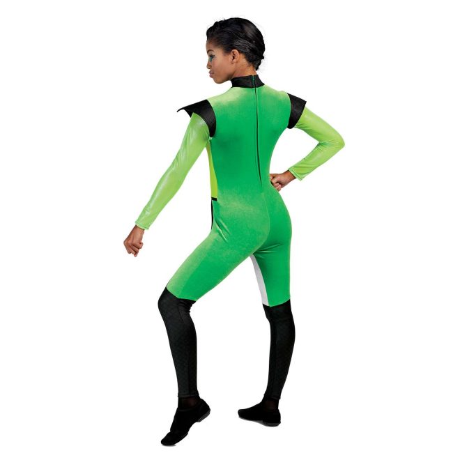 Custom long sleeve legging color guard unitard. Green unitard with black winged shoulders and neck and black from the knee down. Back view on model