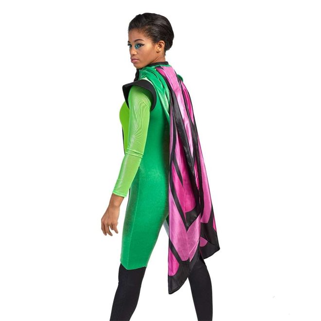 Custom long sleeve legging color guard unitard. Green unitard with black winged shoulders and black from the knee down. Black and pink cape in pattern of butterfly wing scrunched up. Back view on model