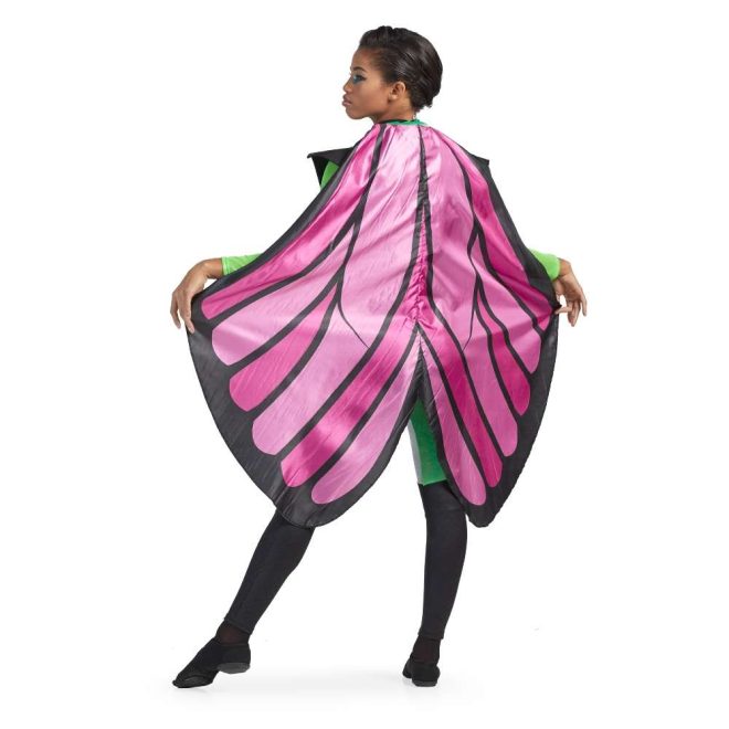 Custom long sleeve legging color guard unitard. Green unitard with black winged shoulders and black from the knee down. Black and pink cape in pattern of butterfly wing fanned out. Back view on model