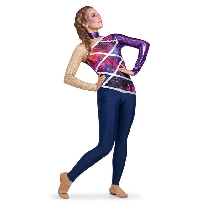 custom long sleeve legging color guard unitard. Left purple sleeve, right tan mesh/silver sequin sleeve that continues to opposite shoulder at angle, purple collar, galaxy body separated by crisscrossed silver stripes, and navy pants. Front view on model