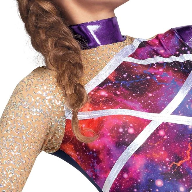 custom long sleeve legging color guard unitard. Left purple sleeve, right tan mesh/silver sequin sleeve that continues to opposite shoulder at angle, purple collar, galaxy body separated by crisscrossed silver stripes. Front view on model