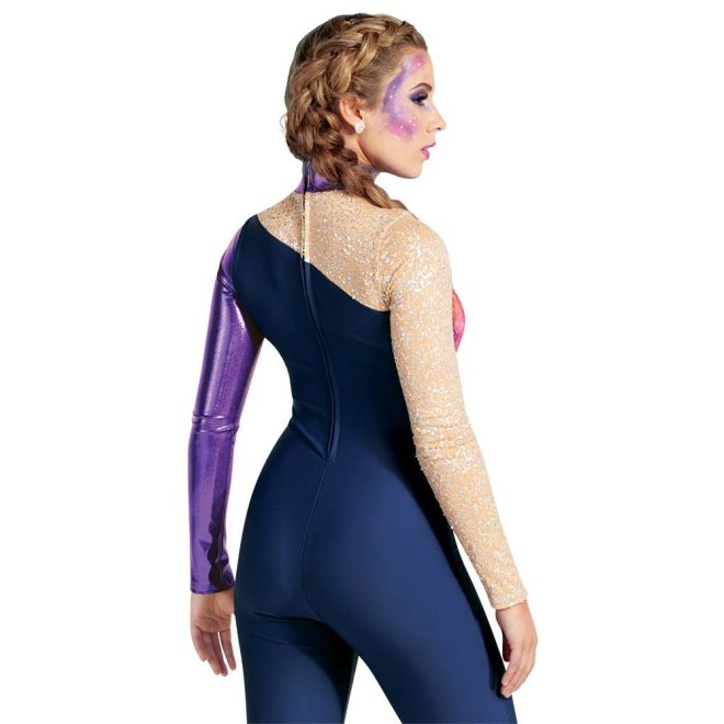 custom long sleeve legging color guard unitard. Left purple sleeve, right tan mesh/silver sequin sleeve that continues to opposite shoulder at angle, purple collar, navy body and pants. Back view on model