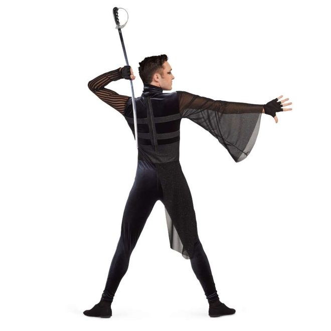 Custom long sleeve legging color guard unitard. Left sleeve black mesh striped, right sleeve black mesh bell sleeve. Black velvet body and pants with high neck. Regular black stripes on back. Back view on model holding sabre wearing black fingerless gloves