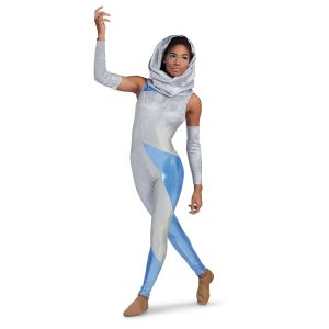 custom blue, silver and white sleeveless color guard pant unitard. Front view of model also wearing silver hood and silver gauntlets on each arm