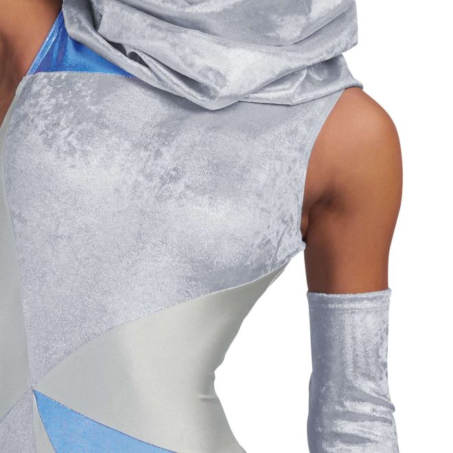 custom blue, silver and white sleeveless color guard pant unitard. frotnt close up view of model also wearing silver hood and silver gauntlets on arm