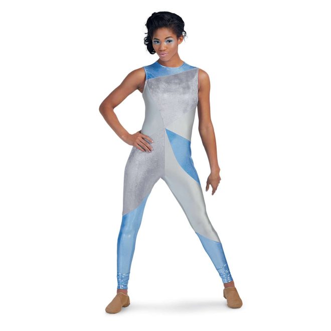 custom blue, silver and white sleeveless color guard legging unitard. front view of model