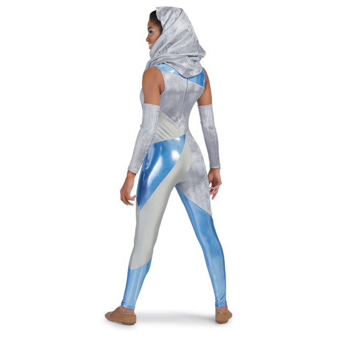 custom blue, silver and white sleeveless color guard pant unitard. Back view of model also wearing silver hood and silver gauntlets on each arm