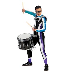 blue, black and white custom percussion uniform on performer front view with drum
