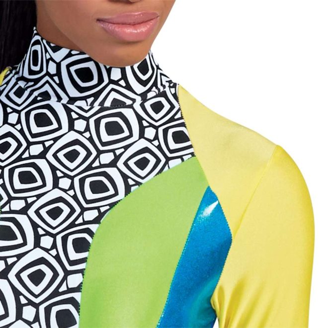 Close up custom long sleeve legging color guard unitard. Yellow shoulders and upper arm, Black and white circular pattern lower arm, neck and middle back, and lower leg. Green shoulder blades, royal blue side body from under arm down to knee, Light blue lower back and inside leg down to knee. Front view on model