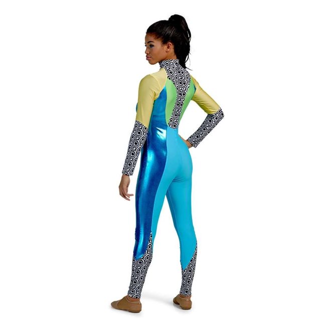 Custom long sleeve legging color guard unitard. Yellow shoulders and upper arm, Black and white circular pattern lower arm, neck and middle back, and lower leg. Green shoulder blades, royal blue side body from under arm down to knee, Light blue lower back and inside leg down to knee. Back view on model