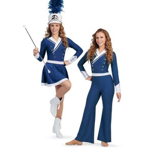 2 variations of custom navy and white majorette uniform front view on model. First with skirt holding baton and wearing shako. Second with long pants