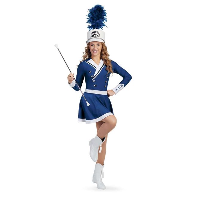 custom navy and white majorette uniform front view on model long sleeve and skirt holding baton and wearing shako