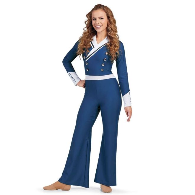 custom navy and white majorette uniform front view on model long sleeve and long pants