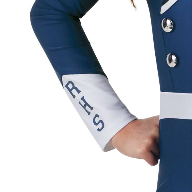 custom navy and white majorette uniform front view on model close up on sleeve with custom school letters