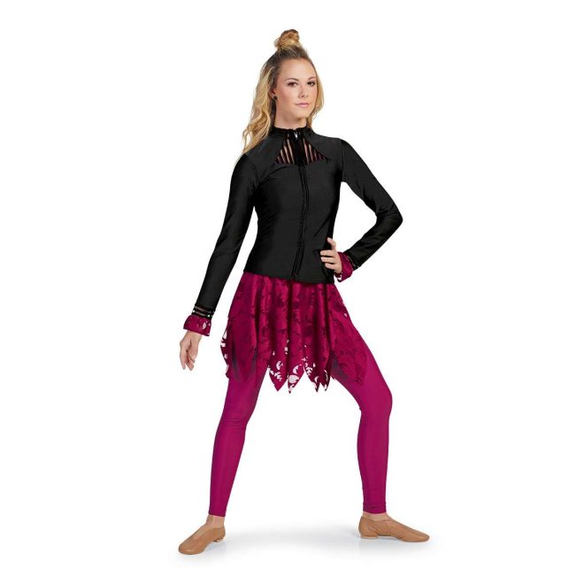 Custom sleeveless legging color guard unitard with jacket over. Black zip up with neck slits. Red lace skirt over red leggings. Front view on model