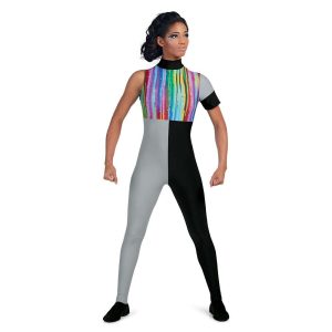custom one short sleeve and one sleeveless black and grey and rainbow chest color guard unitard one leg black one grey pants front view on model