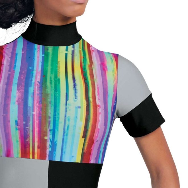 custom one short sleeve and one sleeveless black and grey and rainbow chest color guard unitard one leg black one grey pants and matching black and grey arm cuff front view on model