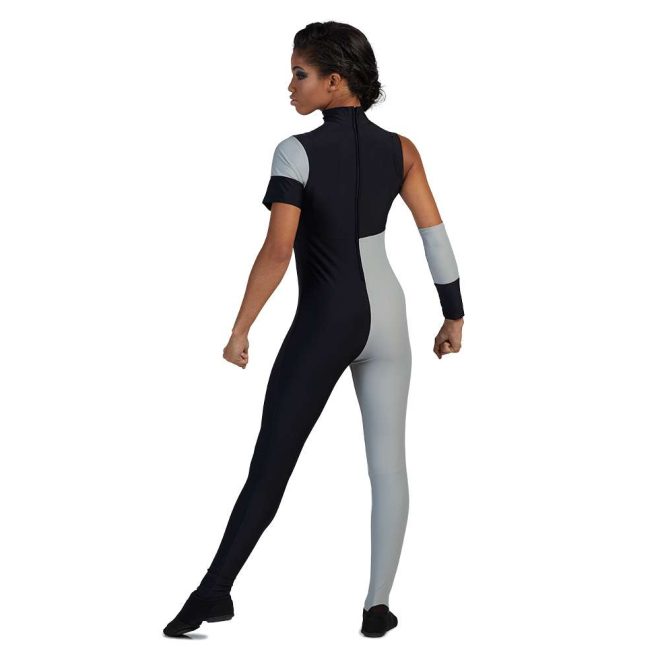 custom one short sleeve and one sleeveless black and grey color guard unitard one leg black one grey pants and matching black and grey arm cuff back view on model