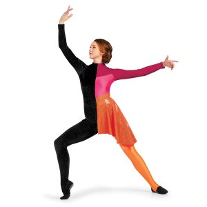 Custom long sleeve legging color guard unitard. Right half completely black. Left sleeve and top chest maroon into pink body with orange sequin drape over hip. Left pant is orange. Front view on model