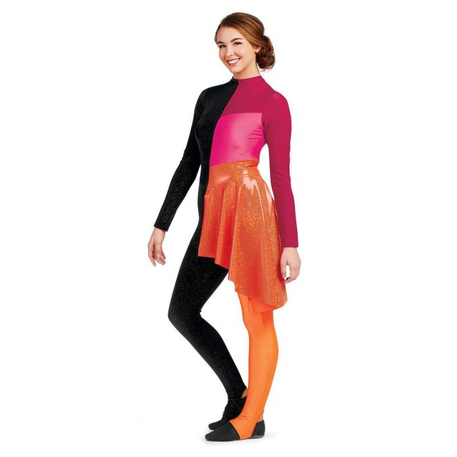 Custom long sleeve legging color guard unitard. Right half completely black. Left sleeve and top chest maroon into pink body with orange sequin drape over hip. Left pant is orange. Front view on model