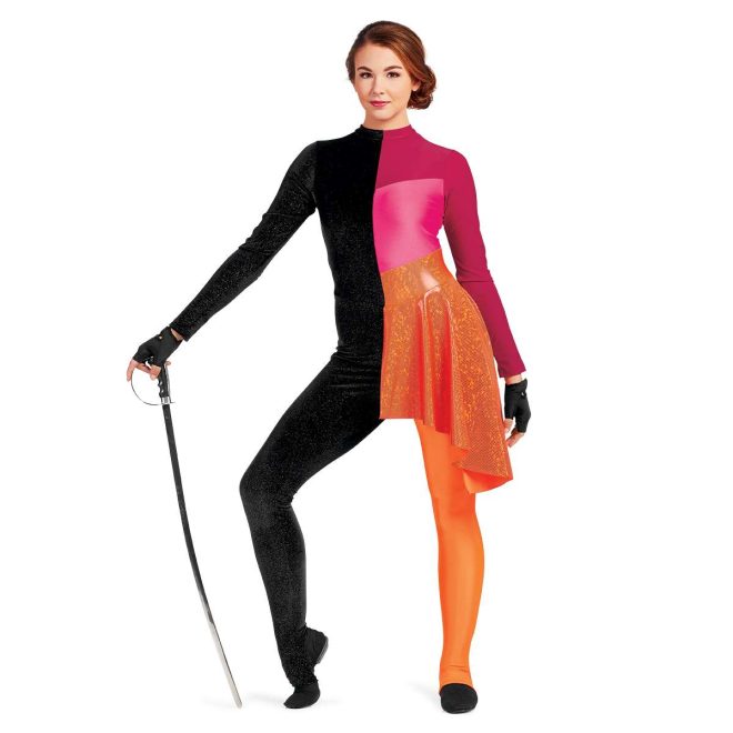 Custom long sleeve legging color guard unitard. Right half completely black. Left sleeve and top chest maroon into pink body with orange sequin drape over hip. Left pant is orange. Front view on model wearing black fingerless gloves holding sabre