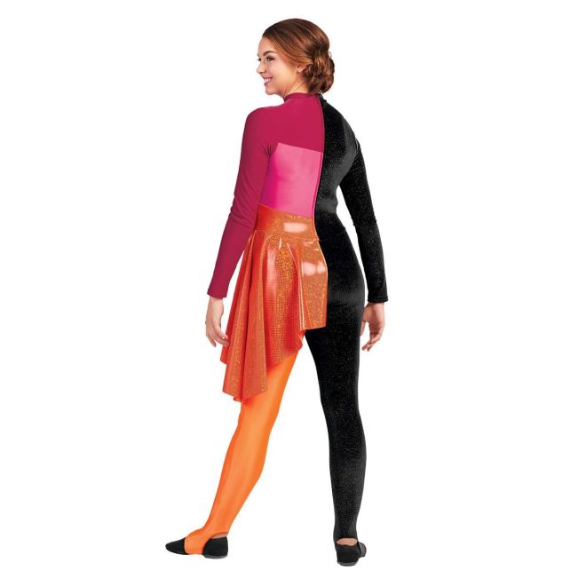 Custom long sleeve legging color guard unitard. Right half completely black. Left sleeve and top chest maroon into pink body with orange sequin drape over hip. Left pant is orange. Back view on model