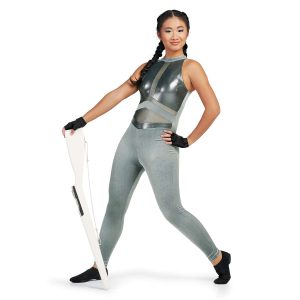 Custom a-line sleeveless legging color guard uniform. Silver collar, metallic silver chest with stripes of 2 shades of silver, silver pants. Front view on model wearing black fingerless gloves and holding rifle