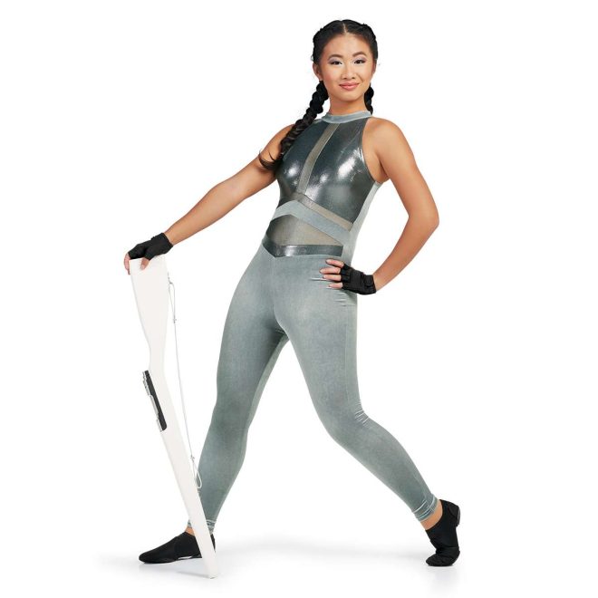 Custom a-line sleeveless legging color guard uniform. Silver collar, metallic silver chest with stripes of 2 shades of silver, silver pants. Front view on model wearing black fingerless gloves and holding rifle
