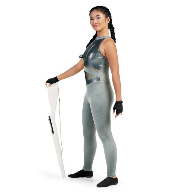 Custom a-line sleeveless legging color guard uniform. Silver collar, metallic silver chest with stripes of 2 shades of silver, silver pants. 3/4 view on model wearing black fingerless gloves and holding rifle