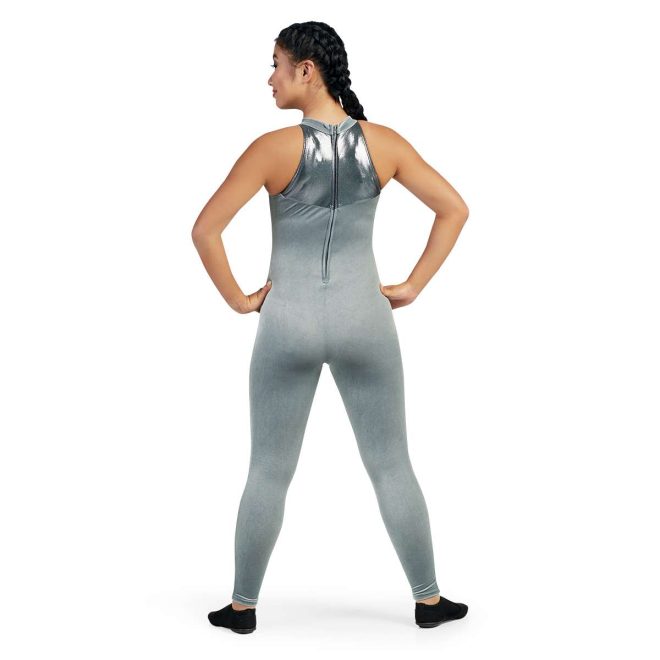 Custom a-line sleeveless legging color guard uniform. Silver collar, metallic silver top back, silver body and pants. Back view on model