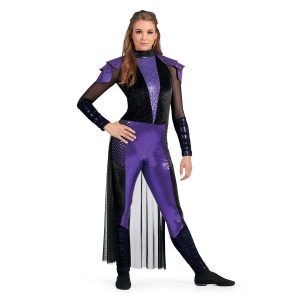Custom long sleeve legging color guard unitard. Black mesh sleeves to elbow then solid black lower arm. Purple wing shoulders and V sequin strip down chest. Rest of chest is sparkly black. Floor length black mesh half skirt in back. Leggings are purple in middle front down to knee, purple and black fishnet shorts around hips and back, then black the rest of the way down. Front view on model