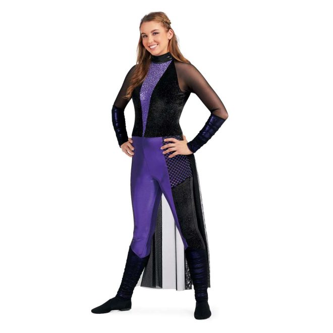 Custom long sleeve legging color guard unitard. Black mesh sleeves to elbow then solid black lower arm. V sequin strip down chest. Rest of chest is sparkly black. Floor length black mesh half skirt in back. Leggings are purple in middle front down to knee, purple and black fishnet shorts around hips and back, then black the rest of the way down. Front view on model