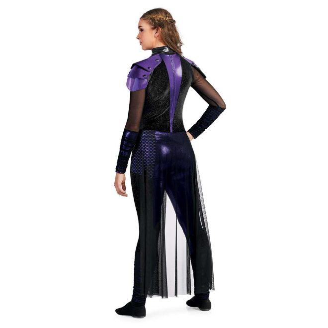 Custom long sleeve legging color guard unitard. Black mesh sleeves to elbow then solid black lower arm. Purple wing shoulders and V strip down back. Rest of back is sparkly black. Floor length black mesh half skirt in back. Leggings are purple and black fishnet shorts then black the rest of the way down. Back view on model