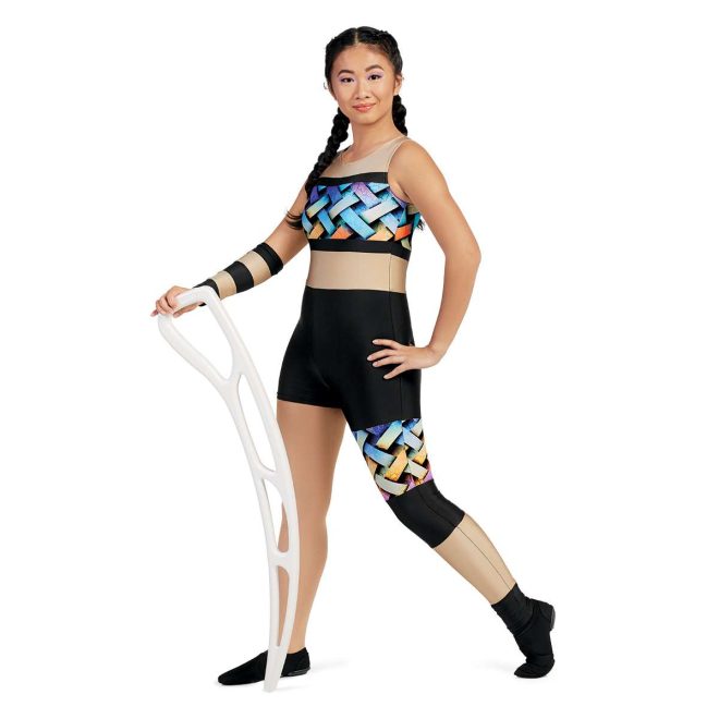 Custom sleeveless color guard unitard. Tan straps down to two black stripes with blue, orange, and tan crisscross pattern between. Black shorts and on left leg only is pant with same crisscross pattern then section of black then section of tan. Front view on model with black and tan striped gauntlet on right arm. Holding airblade