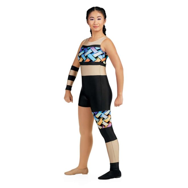 Custom sleeveless color guard unitard. Tan straps down to two black stripes with blue, orange, and tan crisscross pattern between. Black shorts and on left leg only is pant with same crisscross pattern then section of black then section of tan. Front view on model with black and tan striped gauntlet on right arm.