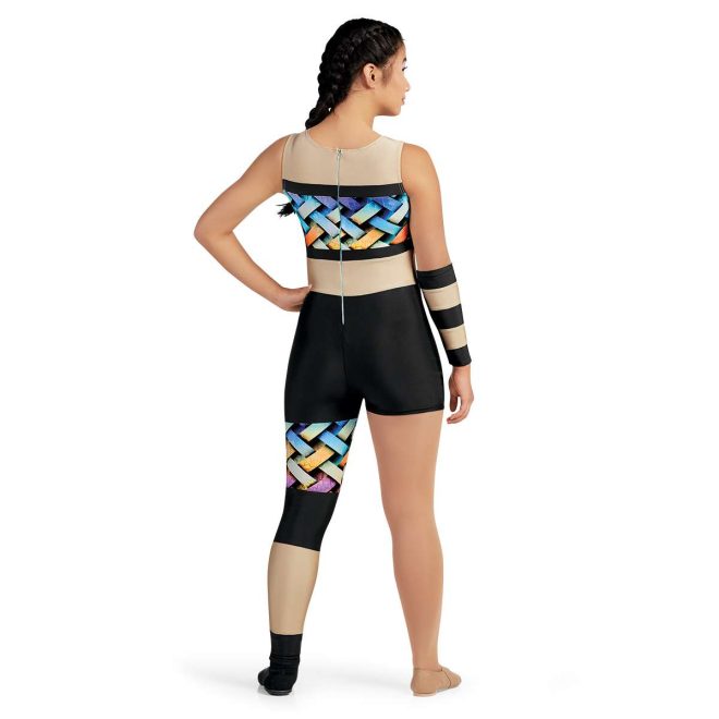 Custom sleeveless color guard unitard. Tan straps down to two black stripes with blue, orange, and tan crisscross pattern between. Black shorts and on left leg only is pant with same crisscross pattern then section of black then section of tan. Back view on model with black and tan striped gauntlet on right arm.