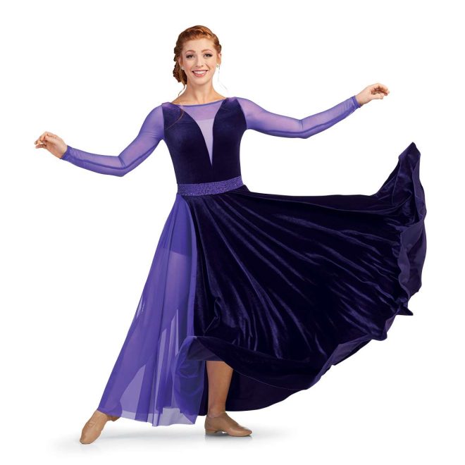 custom purple velvet and mesh Lined Sheer Front Dress with Long Sleeves and Attached Shorts with purple sequin belt floor length color guard dress front view on model