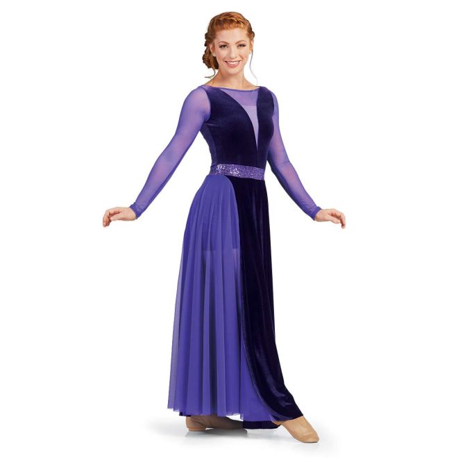 custom purple velvet and mesh Lined Sheer Front Dress with Long Sleeves and Attached Shorts with purple sequin belt floor length color guard dress front view on model