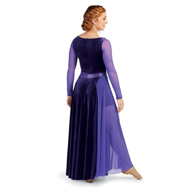 custom purple velvet and mesh Lined Sheer Front Dress with Long Sleeves and Attached Shorts with purple sequin belt floor length color guard dress back view on model