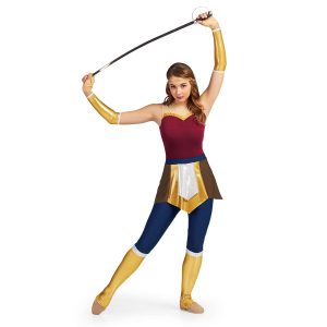 Custom sleeveless legging color guard unitard. Wonder woman look. Tan straps to gold stripe then maroon body. Pants are navy down to knee with white strip then the rest is gold. Skirt over brown on sides gold in front and back with white over. Front view on model with gold headband and gold gauntlets holding sabre