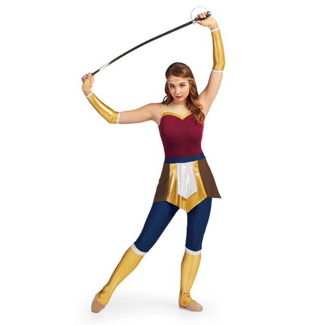 Custom sleeveless legging color guard unitard. Wonder woman look. Tan straps to gold stripe then maroon body. Pants are navy down to knee with white strip then the rest is gold. Skirt over brown on sides gold in front and back with white over. Front view on model with gold headband and gold gauntlets holding sabre