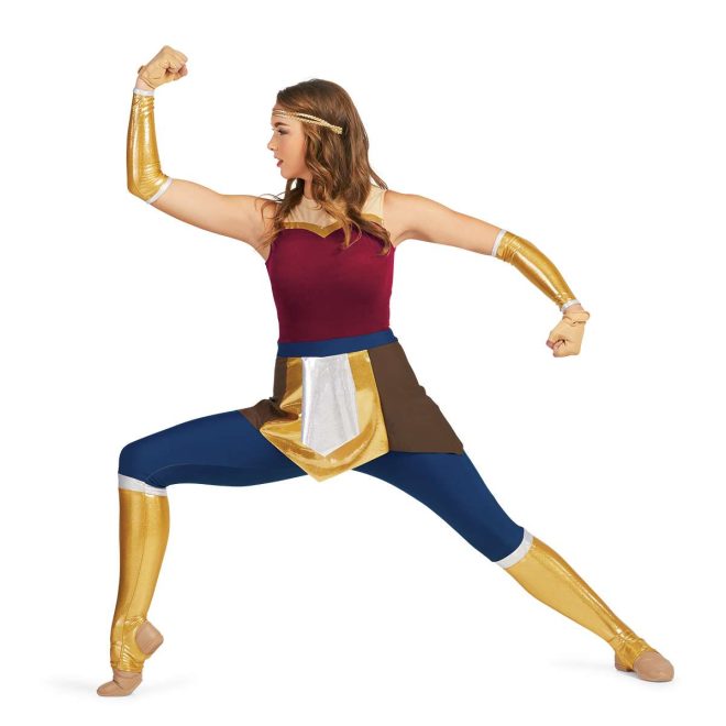 Custom sleeveless legging color guard unitard. Wonder woman look. Tan straps to gold stripe then maroon body. Pants are navy down to knee with white strip then the rest is gold. Skirt over brown on sides gold in front and back with white over. Front view on model with gold headband and gold gauntlets