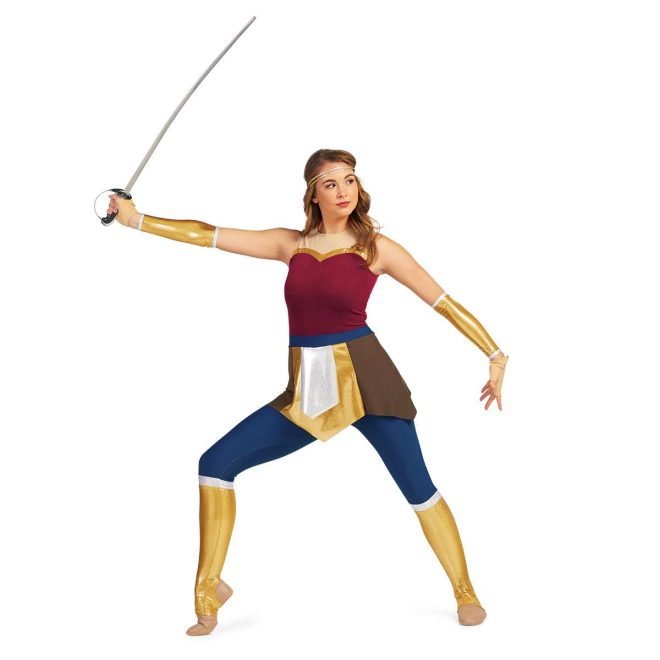 Custom sleeveless legging color guard unitard. Wonder woman look. Tan straps to gold stripe then maroon body. Pants are navy down to knee with white strip then the rest is gold. Skirt over brown on sides gold in front and back with white over. Front view on model with gold headband and gold gauntlets holding sabre