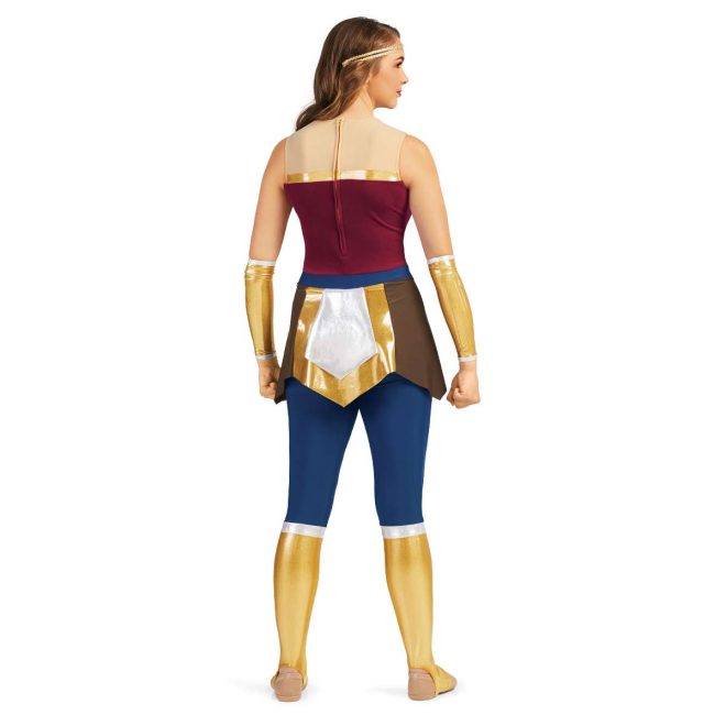 Custom sleeveless legging color guard unitard. Wonder woman look. Tan straps to gold stripe then maroon body. Pants are navy down to knee with white strip then the rest is gold. Skirt over brown on sides gold in front and back with white over. Back view on model with gold headband and gold gauntlets.