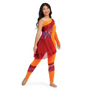 Custom color guard legging unitard. Left orange long sleeve, right sleeveless. Section of mesh around neck, mostly orange with sections of blue, red, and yellow pattern on right, thighs, and below knee. Stripes of red on each knee. Red skirt around right half of body and red ruffle from left shoulder to under right arm. 3/4 view on model
