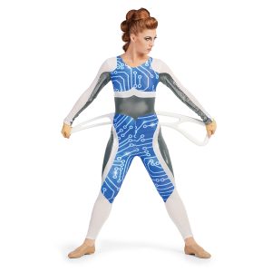 Custom long sleeve pant color guard unitard. Arms are half white mesh and half silver. White mesh continues on chest and goes into blue techno lines on body and inside of legs to knees. White rest of the inside leg up in stripe on outside leg and over hip rest of hip and outside leg is silver. Front view of model holding an Air Blade