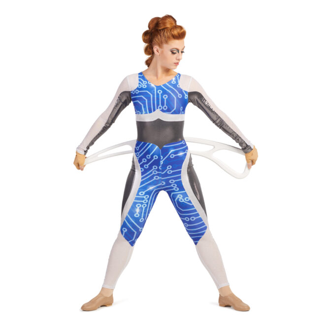 Custom long sleeve pant color guard unitard. Arms are half white mesh and half silver. White mesh continues on chest and goes into blue techno lines on body and inside of legs to knees. White rest of the inside leg up in stripe on outside leg and over hip rest of hip and outside leg is silver. Front view of model holding an Air Blade