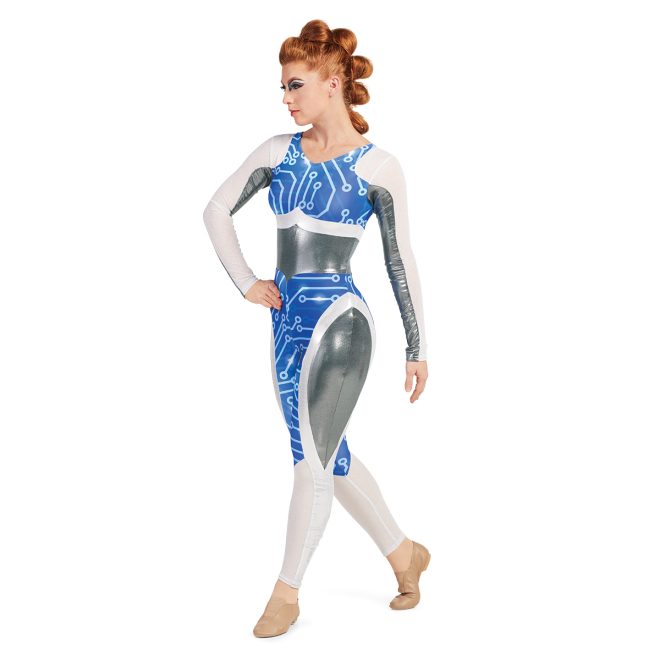 Custom long sleeve pant color guard unitard. Arms are half white mesh and half silver. White mesh continues on chest and goes into blue techno lines on body and inside of legs to knees. White rest of the inside leg up in stripe on outside leg and over hip rest of hip and outside leg is silver. three-quarter view of model